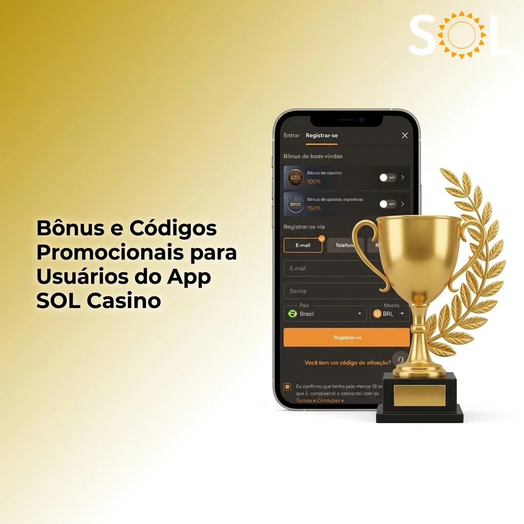 Tela do app SOL Casino mostrando bônus de boas-vindas de R$25.000 e 500 Rodadas Grátis com código promocional