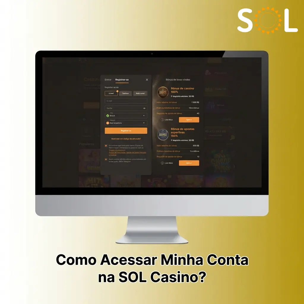 Tela de login da SOL Casino com autenticação SSL, acesso por e-mail, telefone ou rede social em menos de um minuto