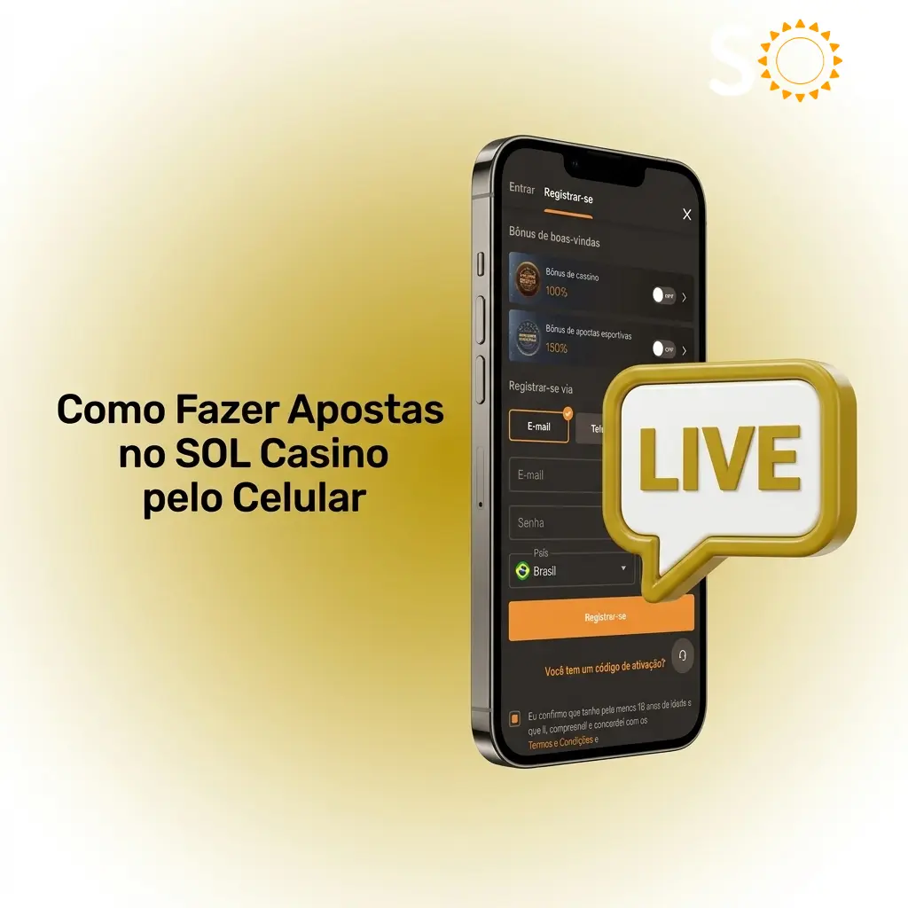 Celular exibindo interface de apostas esportivas do SOL Casino com odds ao vivo e mercados de futebol