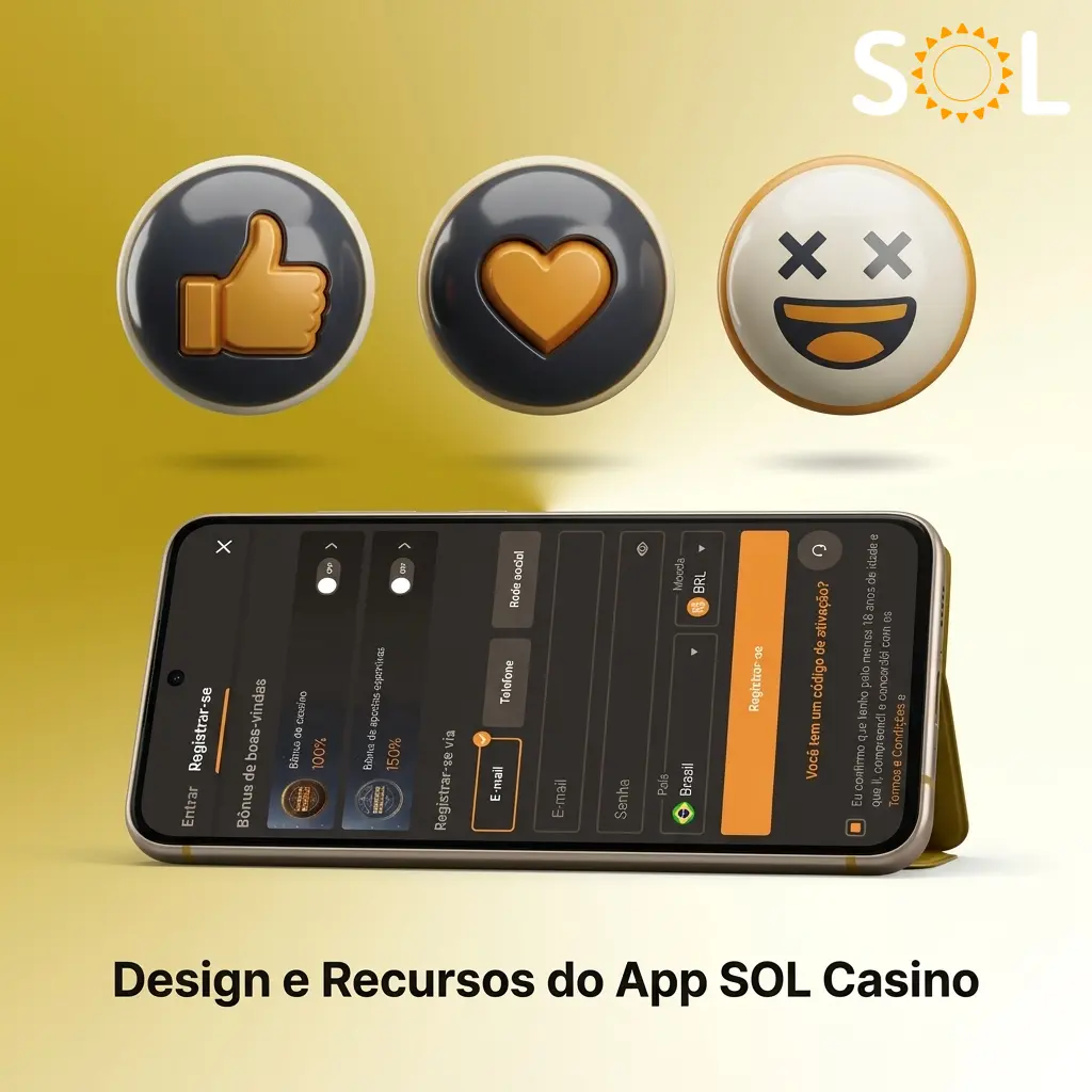 Interface do app SOL Casino com design dourado e escuro, navegação em abas e recursos completos de apostas e cassino