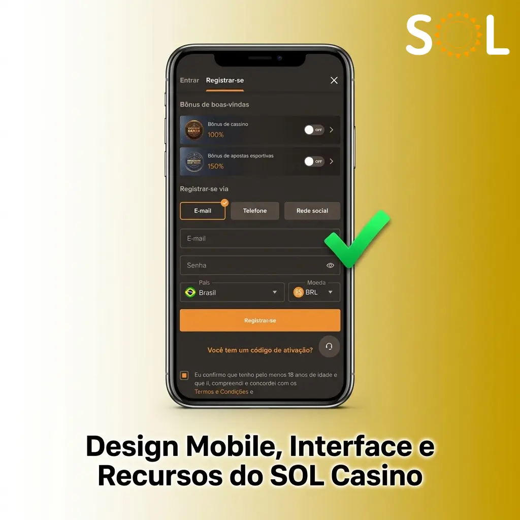 Interface mobile do SOL Casino com design dourado, menu hambúrguer e botões otimizados para toque em smartphones e tablets
