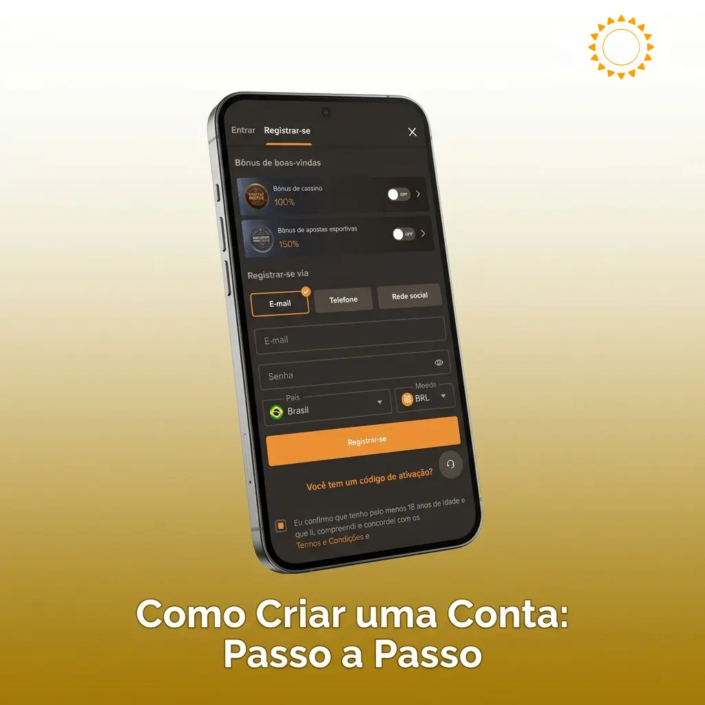 Guia passo a passo para criar uma conta no app SOL Casino com e-mail, senha e moeda BRL
