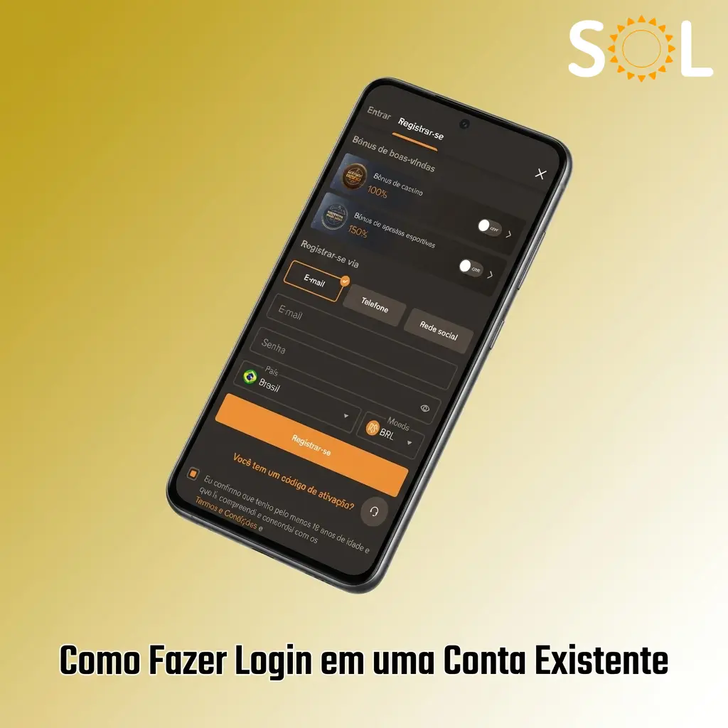 Tela de login do app SOL Casino com campos de e-mail e senha para acesso à conta existente