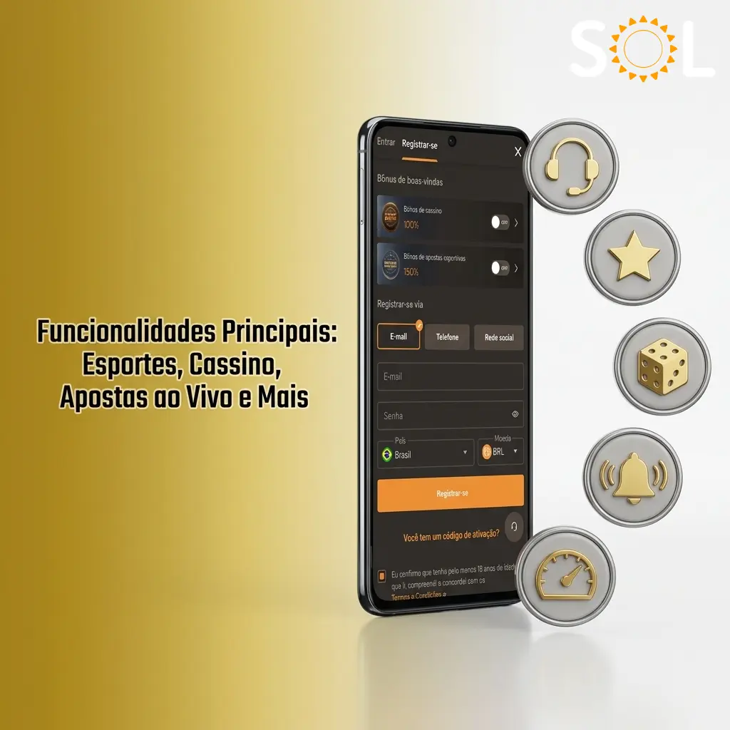 Aplicativo com apostas esportivas, cassino ao vivo, slots e suporte via chat em interface mobile completa