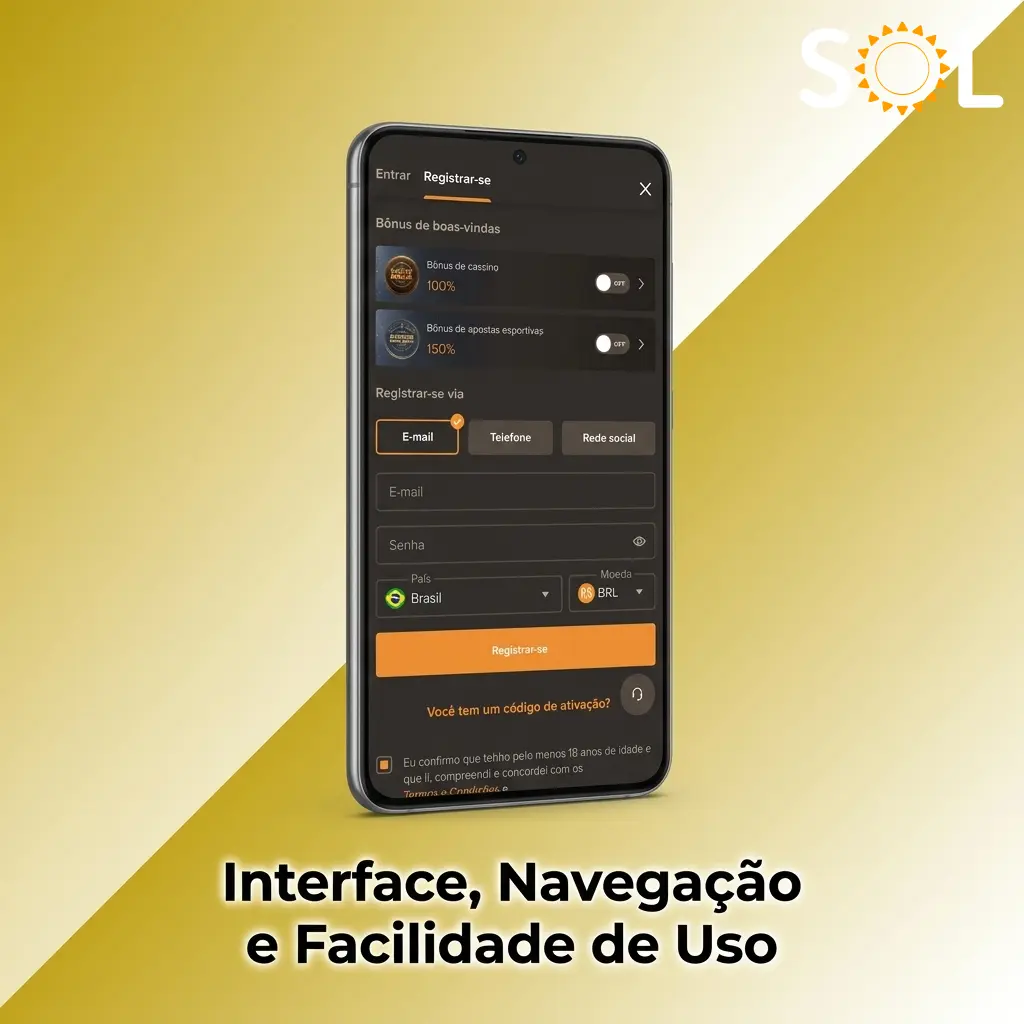 Interface do app de apostas com abas inferiores para Esportes, Cassino, Promoções e navegação intuitiva com uma mão