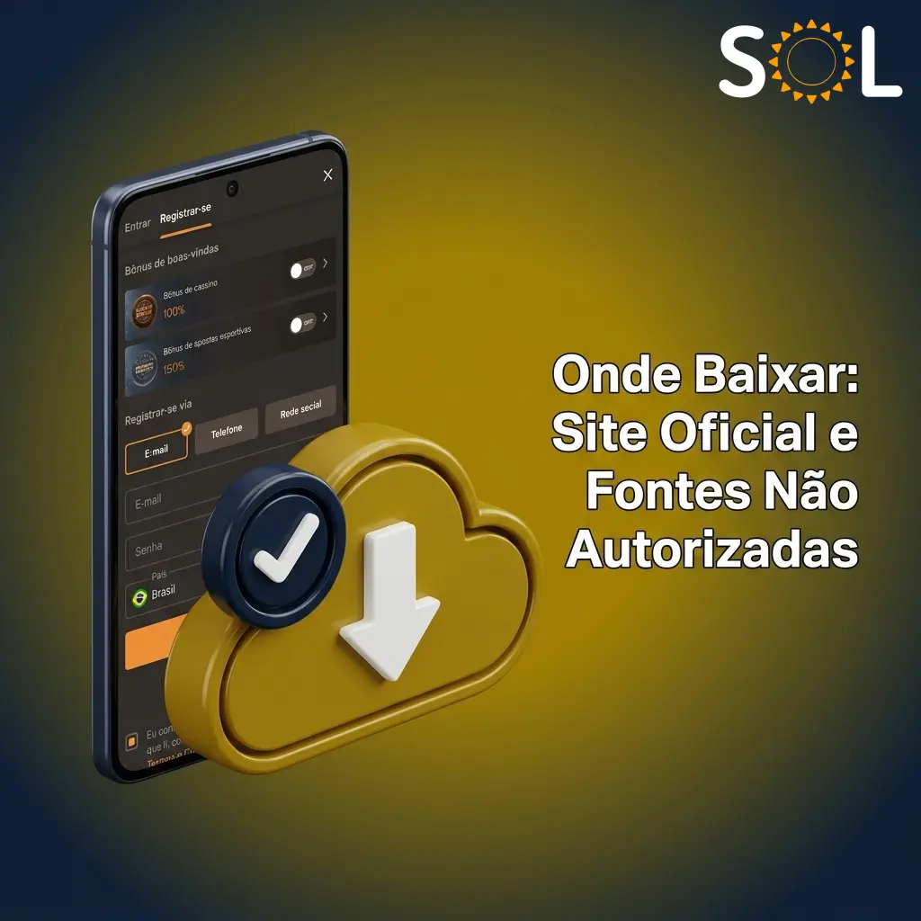 Botão de download do APK oficial do SOL Casino, com aviso sobre riscos de fontes não autorizadas